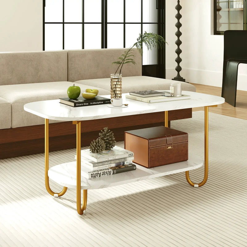 Modern 2-tier Faux Marble Top Coffee Table-White by DirectDeals