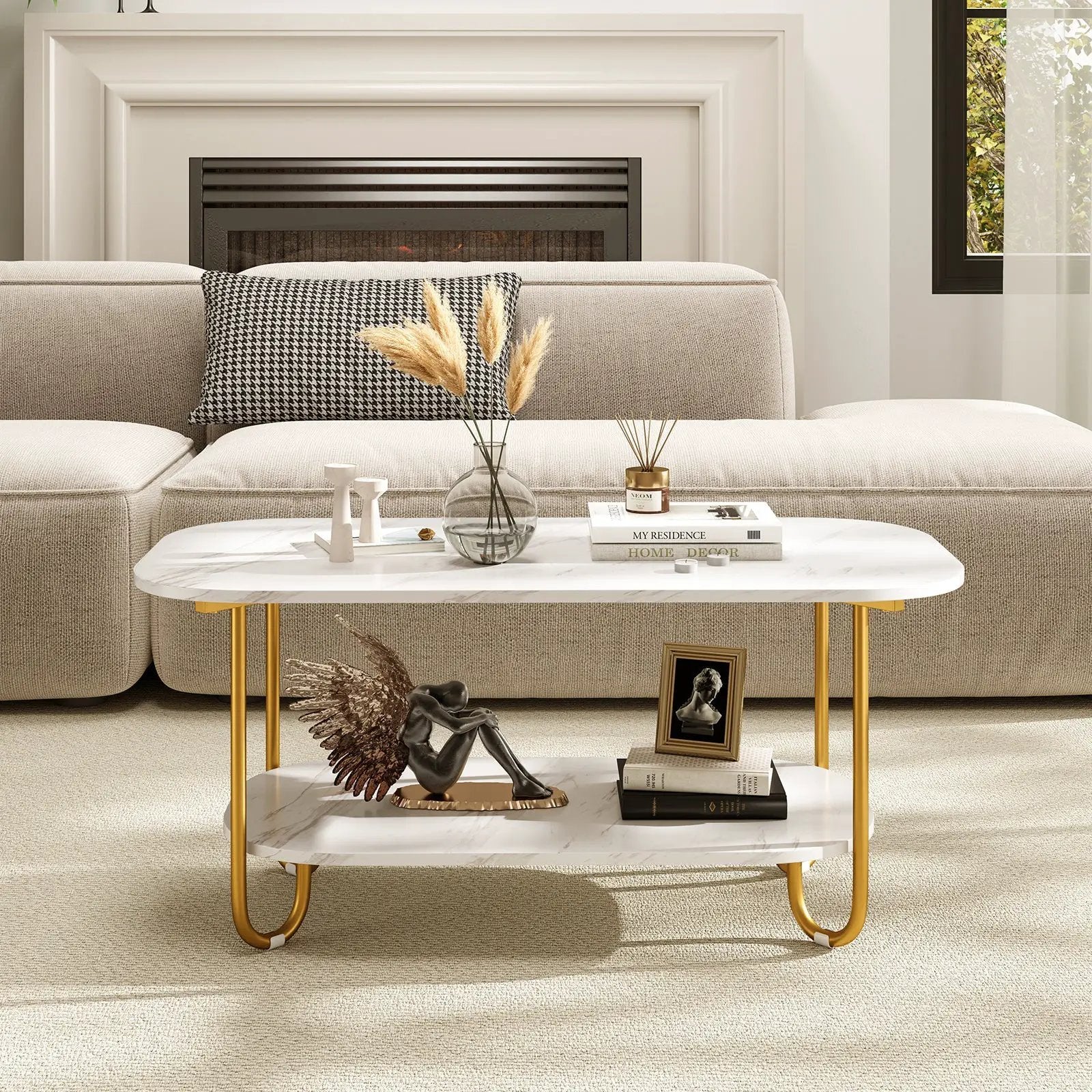 Modern 2-tier Faux Marble Top Coffee Table-White by DirectDeals
