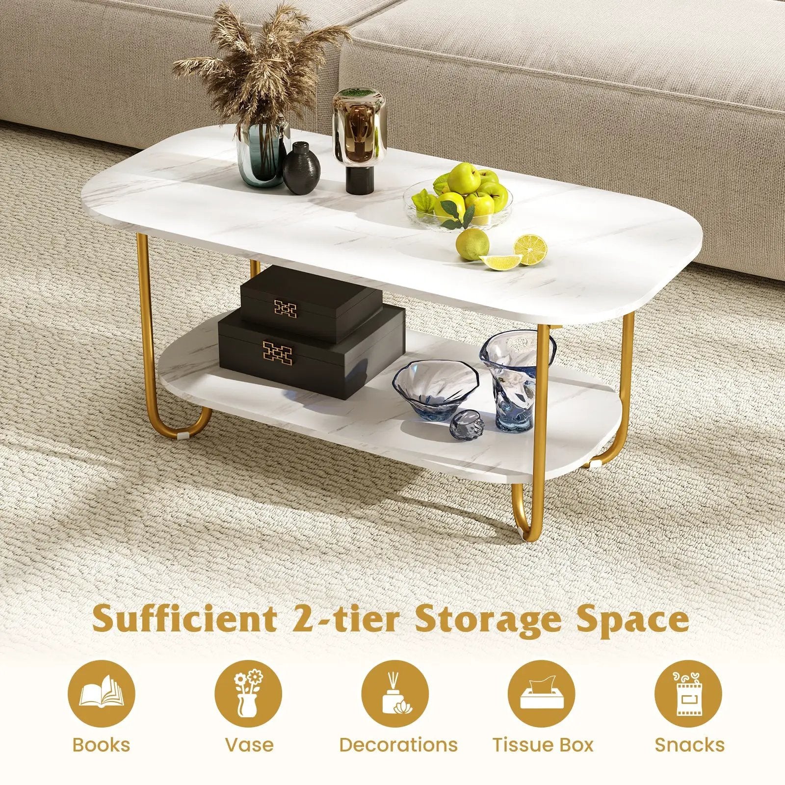 Modern 2-tier Faux Marble Top Coffee Table-White by DirectDeals