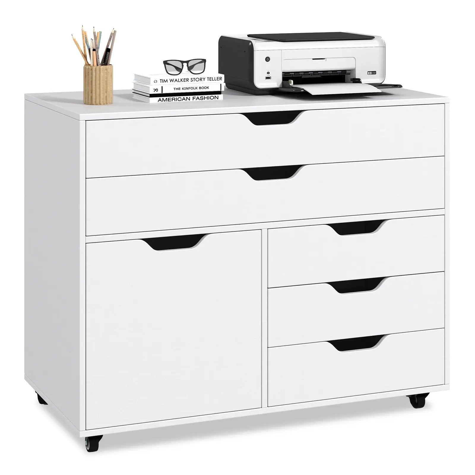Modern Vertical 5-Drawer Mobile Chest with Door 5 Casters by DirectDeals