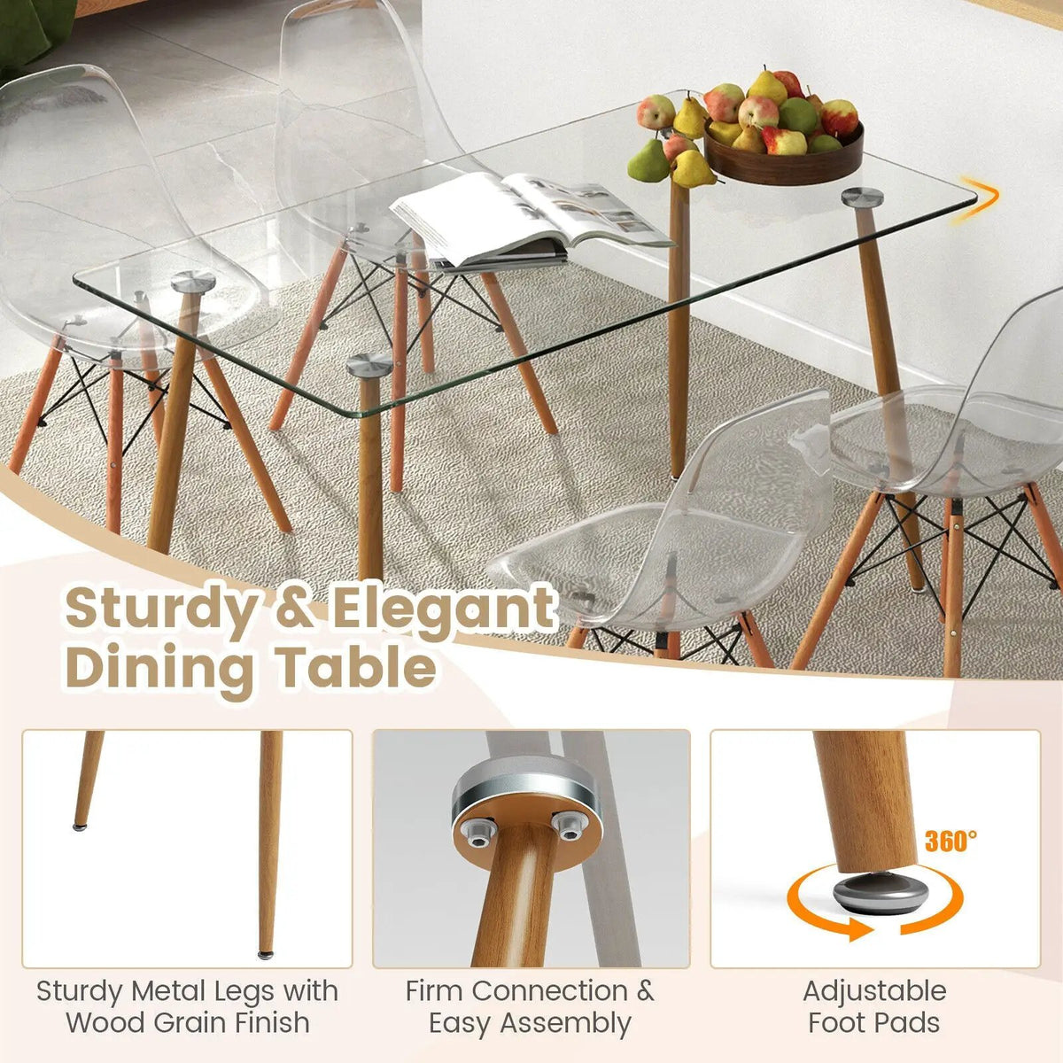5 Pieces Rectangle Dining Table Set with 51 Inch Glass Tabletop by DirectDeals