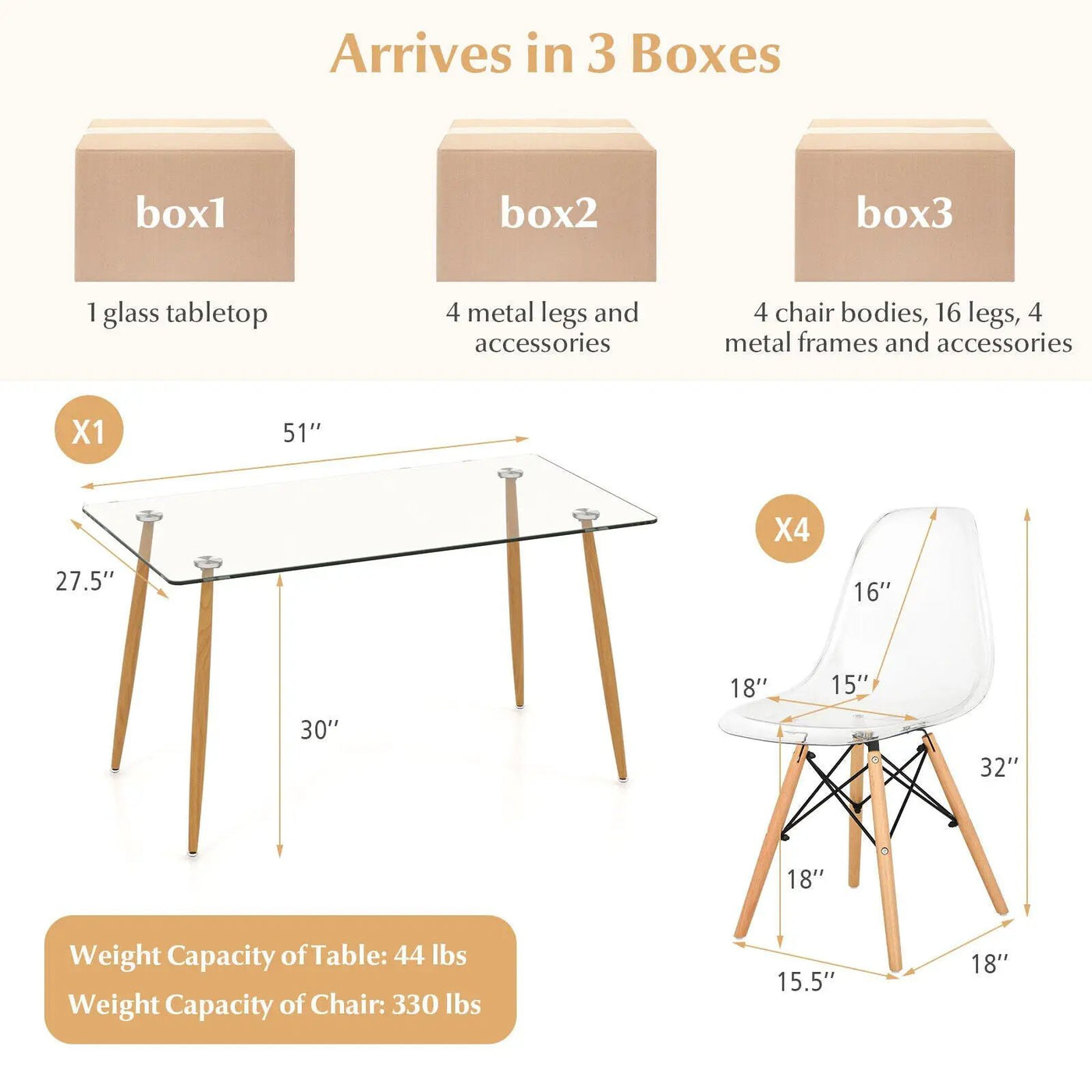 5 Pieces Rectangle Dining Table Set with 51 Inch Glass Tabletop by DirectDeals
