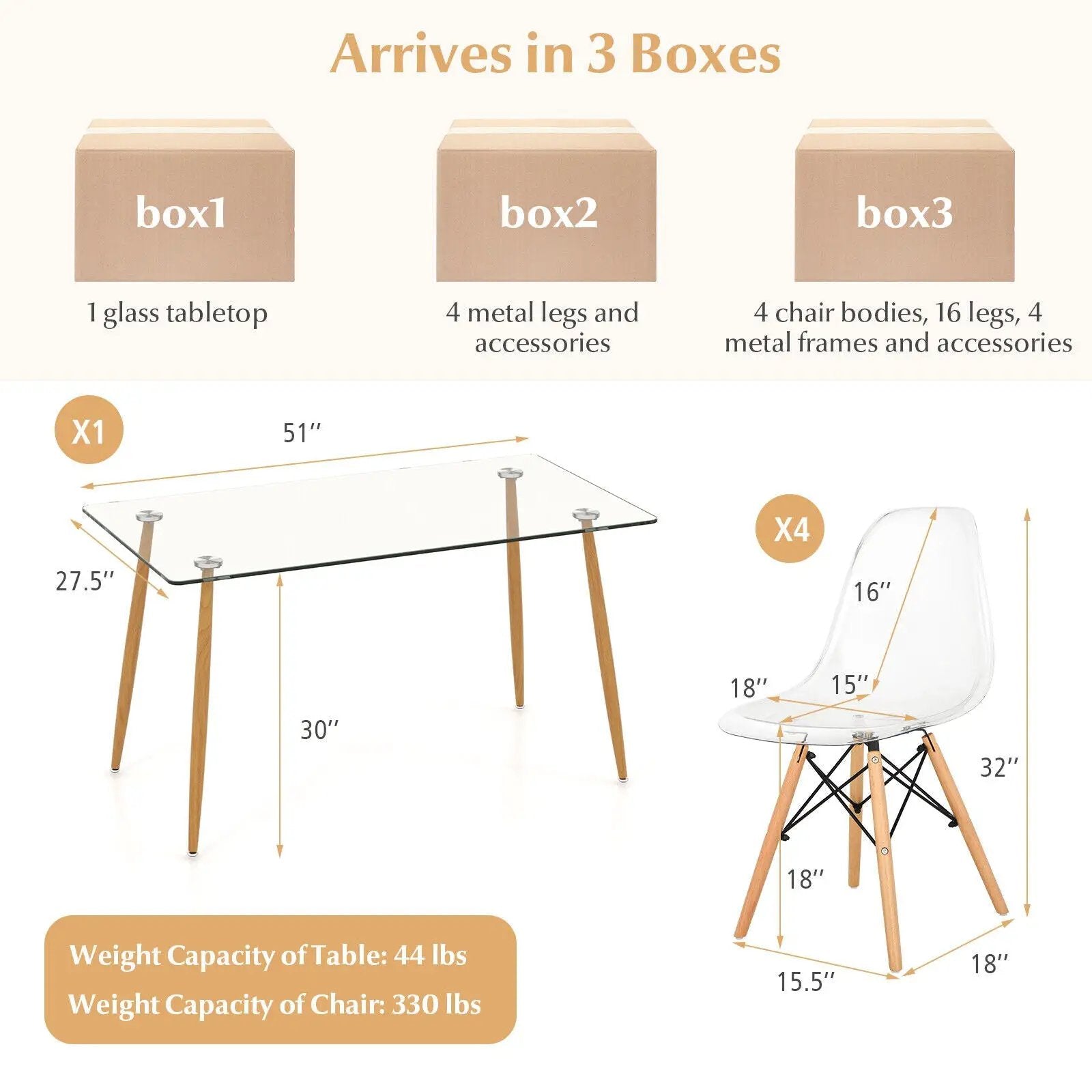 5 Pieces Rectangle Dining Table Set with 51 Inch Glass Tabletop by DirectDeals