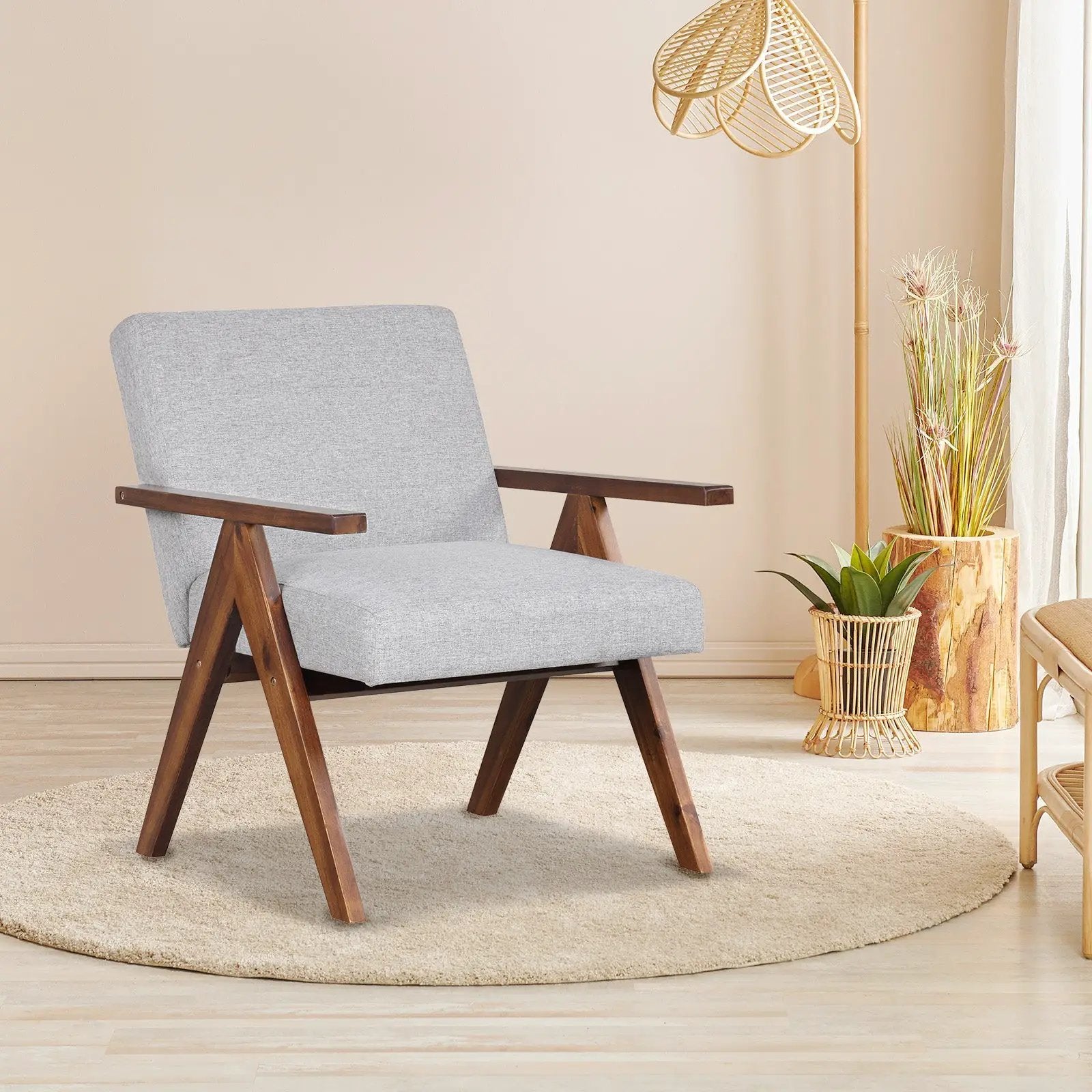 Modern Accent Chair Linen Fabric Armchair with Solid Acacia Wood Frame by DirectDeals