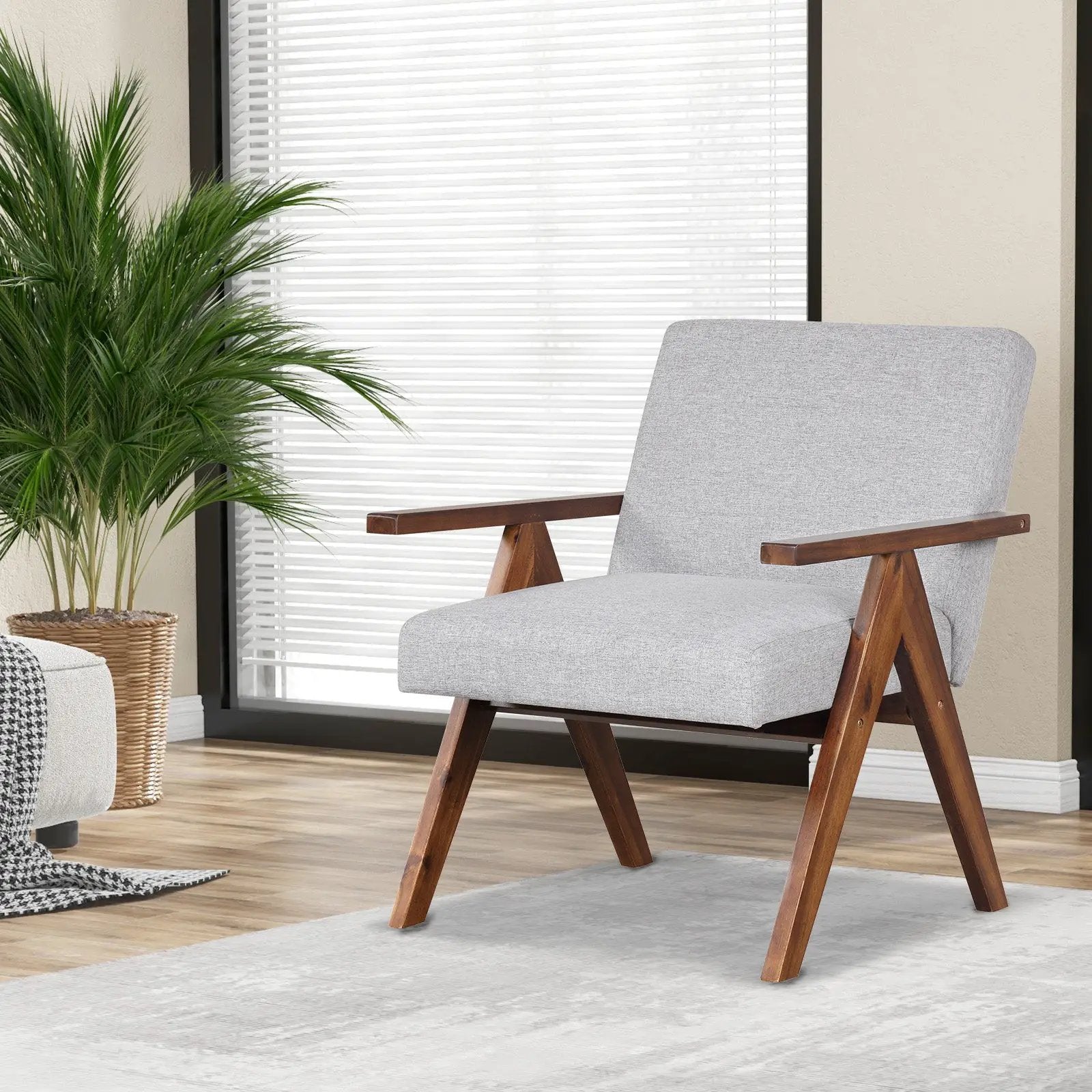 Modern Accent Chair Linen Fabric Armchair with Solid Acacia Wood Frame by DirectDeals