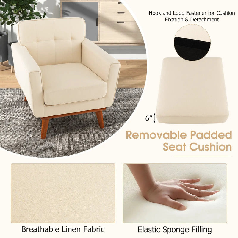 Modern Accent Chair Upholstered Linen Fabric Armchair with Removable Padded Seat Cushion by DirectDeals