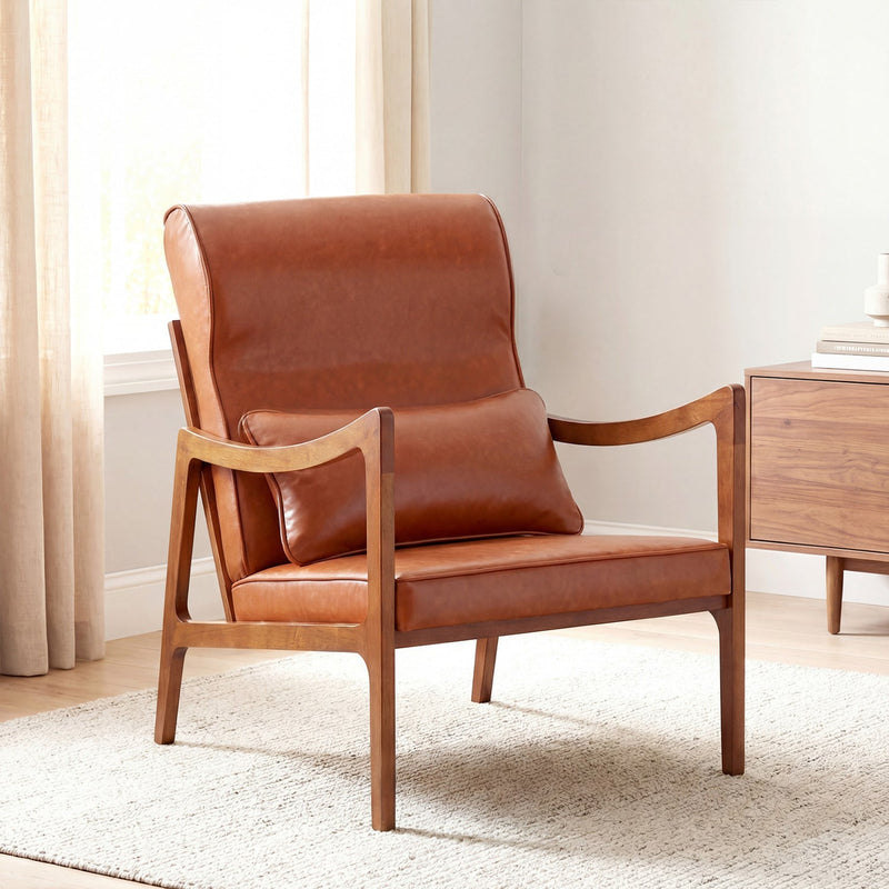 Modern Accent Chair with Solid Rubber Wood Faux Leather Upholstered Armchair by DirectDeals
