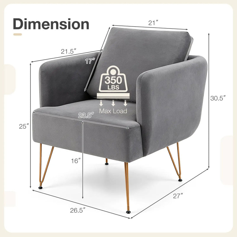 Velvet Accent Chair with Back Cushion and Golden Metal Legs by DirectDeals