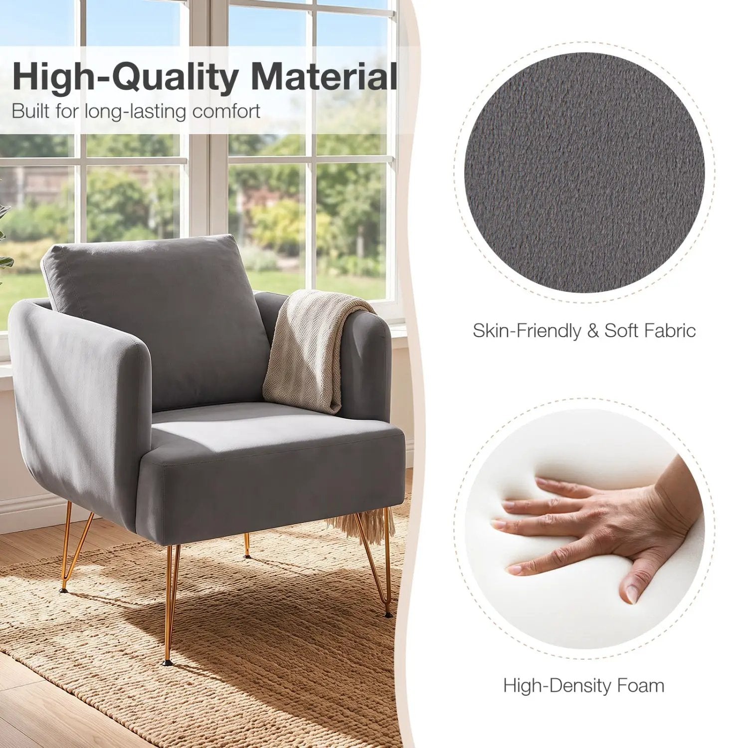 Velvet Accent Chair with Back Cushion and Golden Metal Legs by DirectDeals