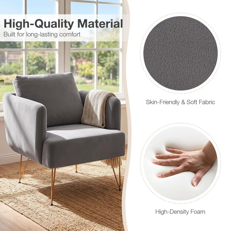 Velvet Accent Chair with Back Cushion and Golden Metal Legs by DirectDeals