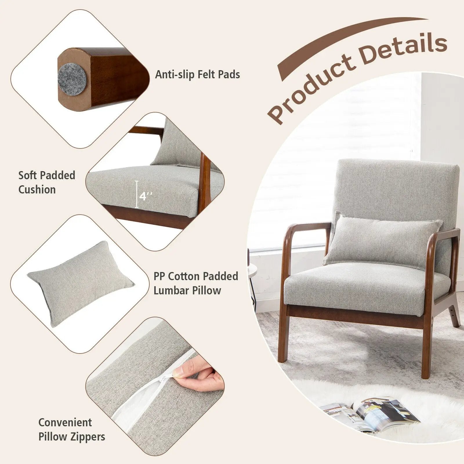 Modern Accent Chair with Rubber Wood Frame and Lumbar Pillow by DirectDeals