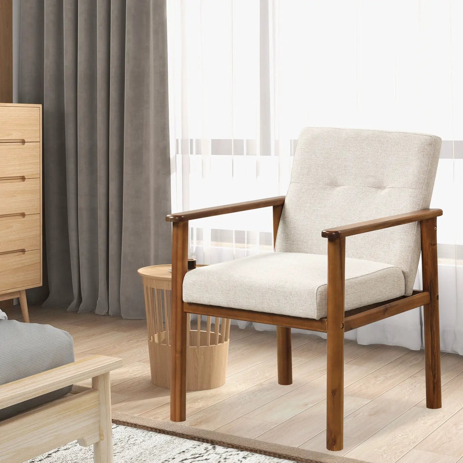 Modern Accent Linen Fabric Armchair with Solid Wood Legs and Soft Cushioned Seat by DirectDeals
