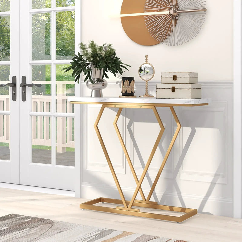 Gold Console Table with Diamond Shape Geometric Frame-White by DirectDeals
