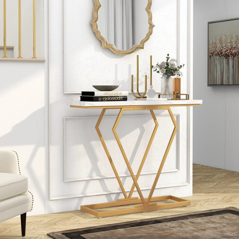 Gold Console Table with Diamond Shape Geometric Frame-White by DirectDeals