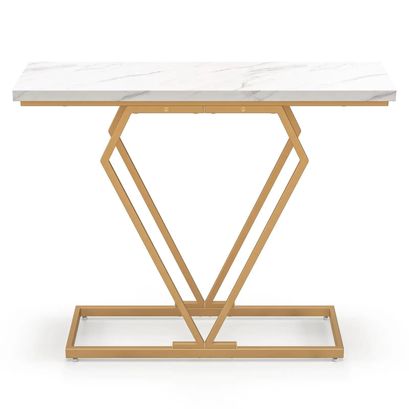 Gold Console Table with Diamond Shape Geometric Frame-White by DirectDeals