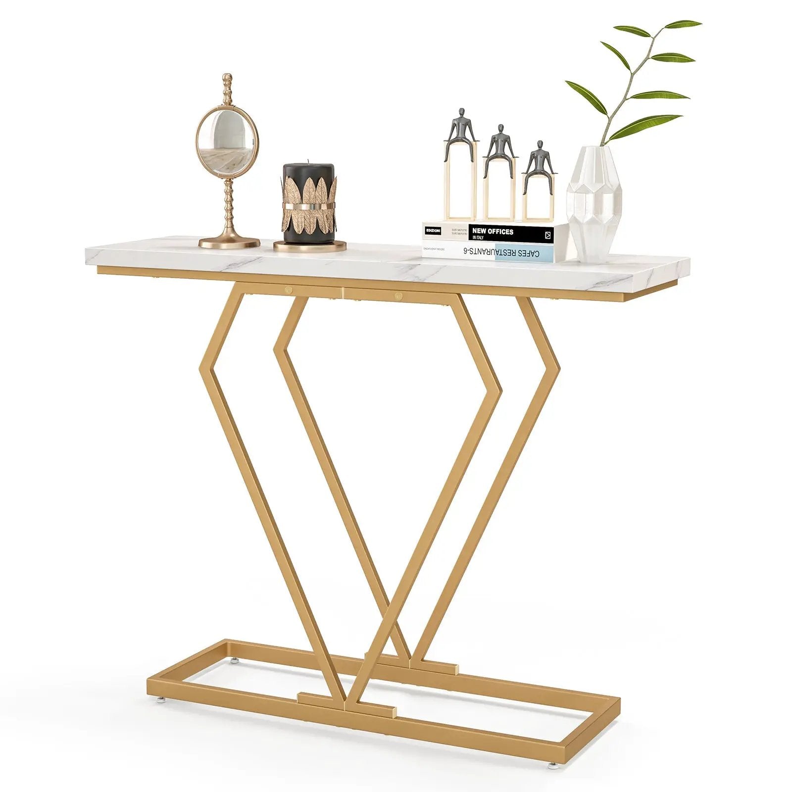 Gold Console Table with Diamond Shape Geometric Frame-White by DirectDeals