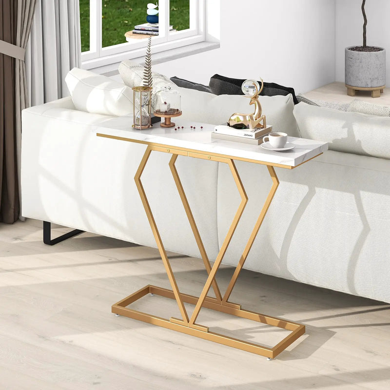 Gold Console Table with Diamond Shape Geometric Frame-White by DirectDeals