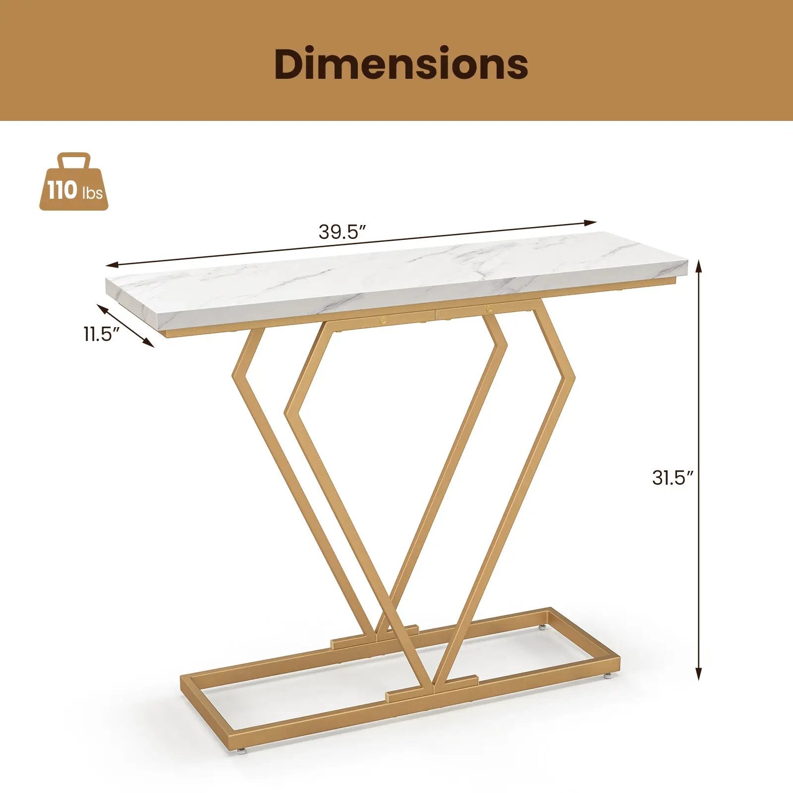 Gold Console Table with Diamond Shape Geometric Frame-White by DirectDeals