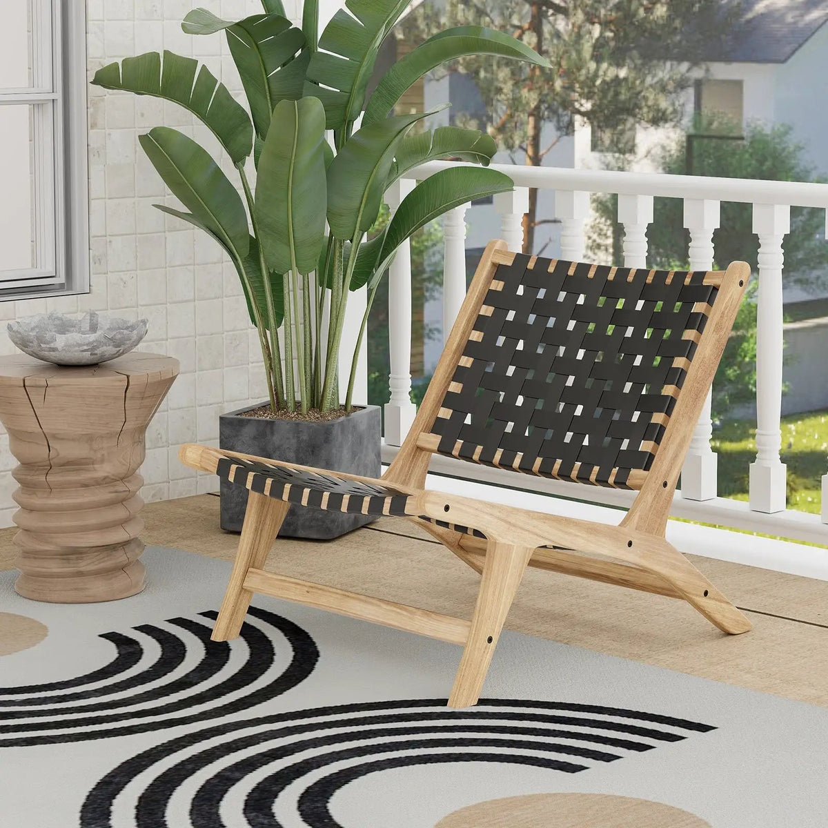 Modern Armless Teak Wood Lounge Chair with Nylon Woven Backrest and Seat, photo 10 of 16