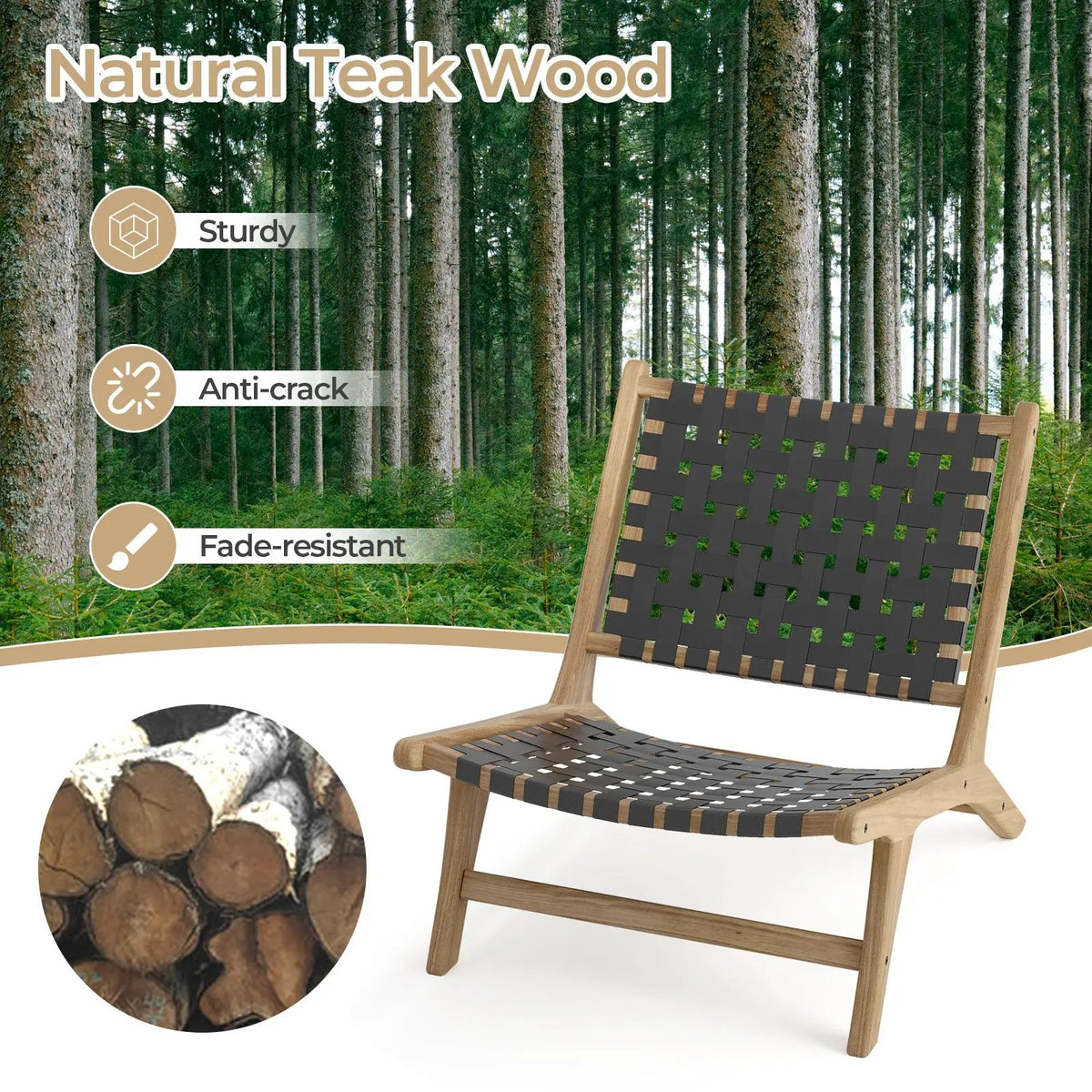Modern Armless Teak Wood Lounge Chair with Nylon Woven Backrest and Seat, photo 14 of 16