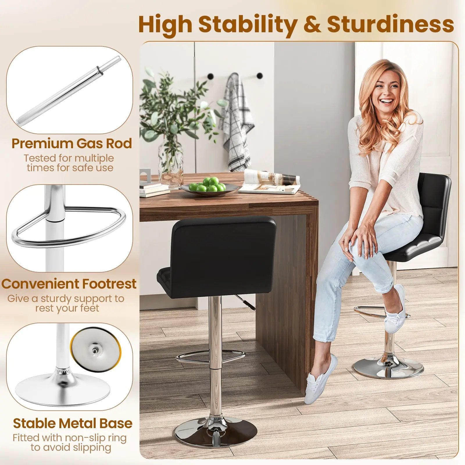Modern Bat Stools Set of 2 with Back and Heavy-duty Metal Base and Footrest by DirectDeals