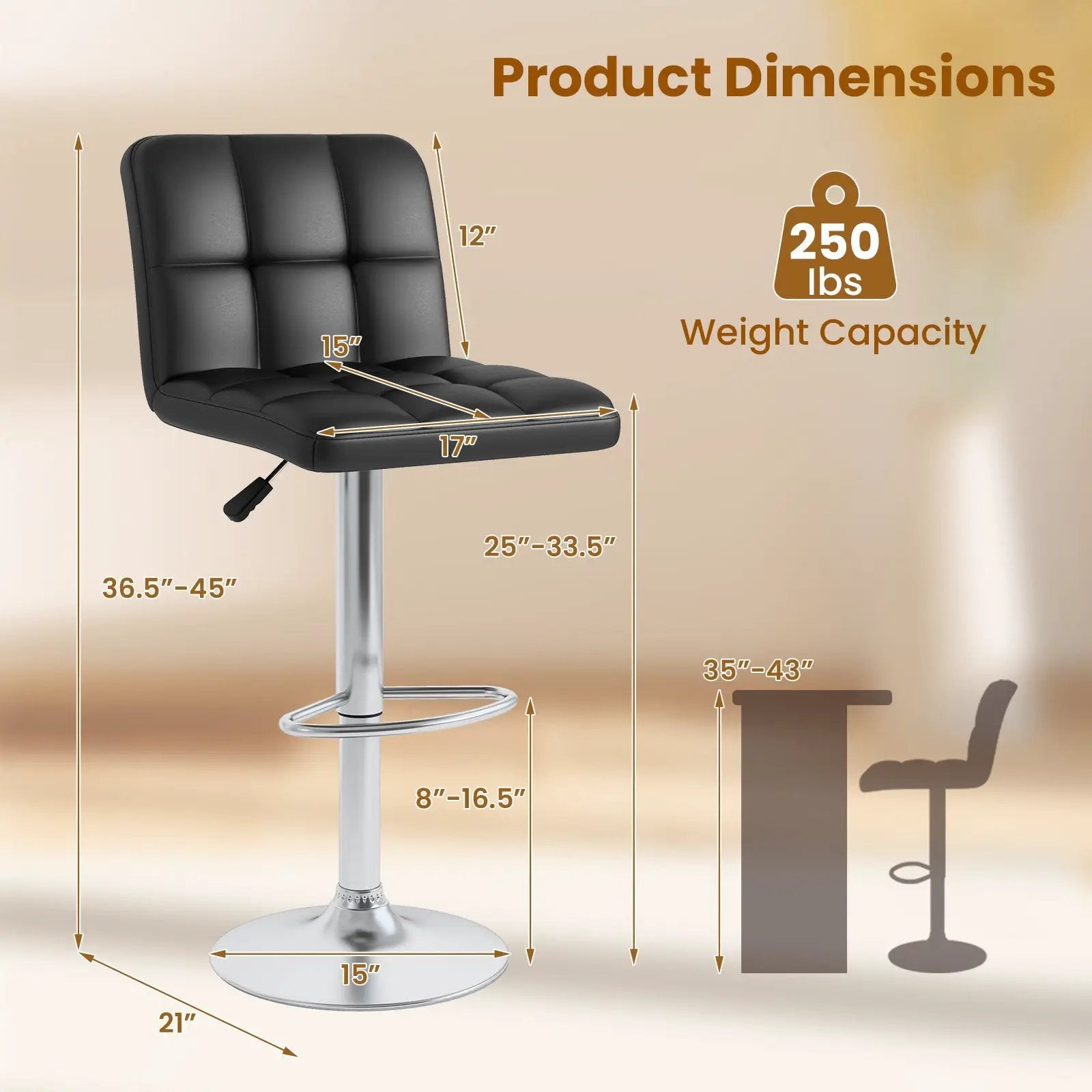 Modern Bat Stools Set of 2 with Back and Heavy-duty Metal Base and Footrest by DirectDeals