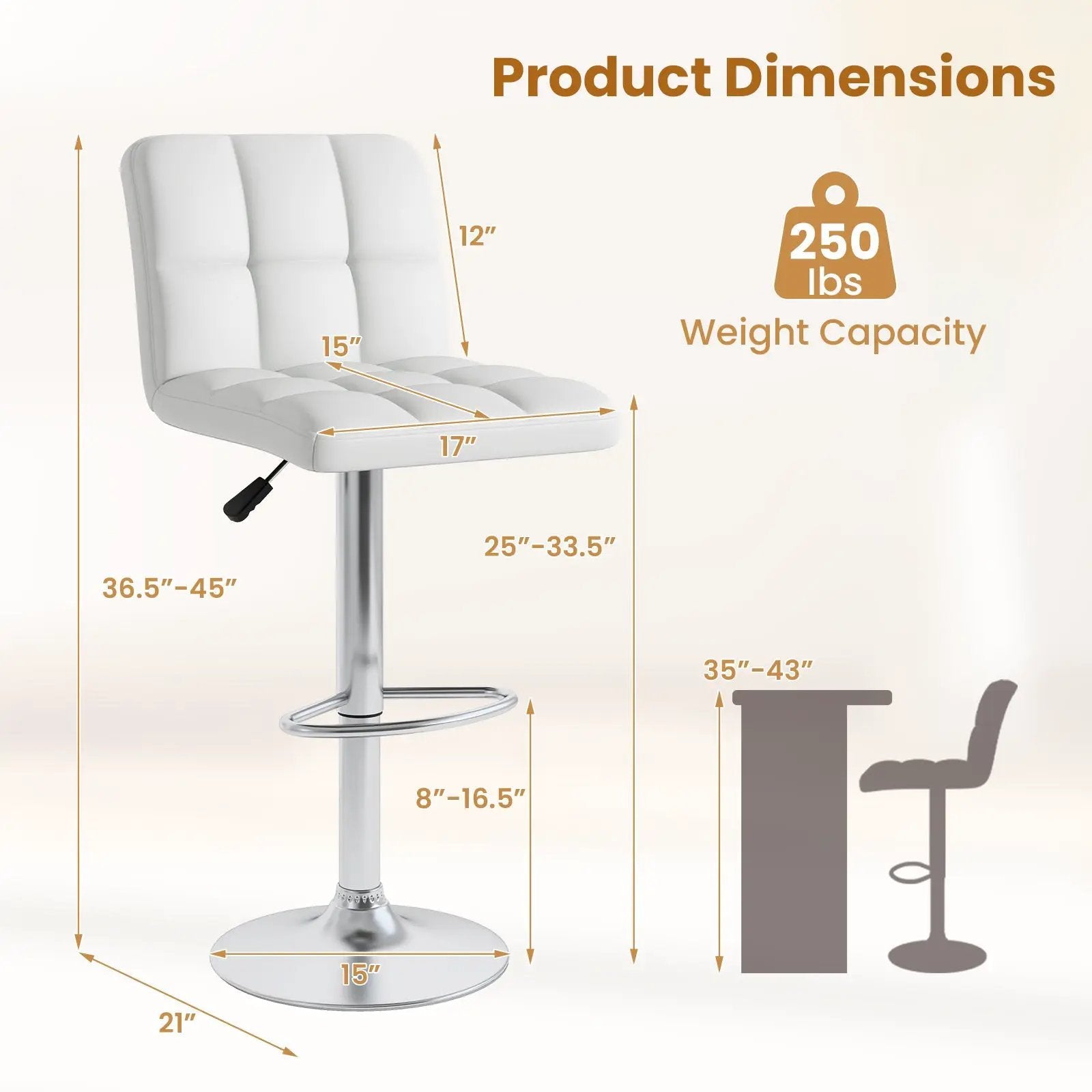 Modern Bat Stools Set of 2 with Back and Heavy-duty Metal Base and Footrest by DirectDeals