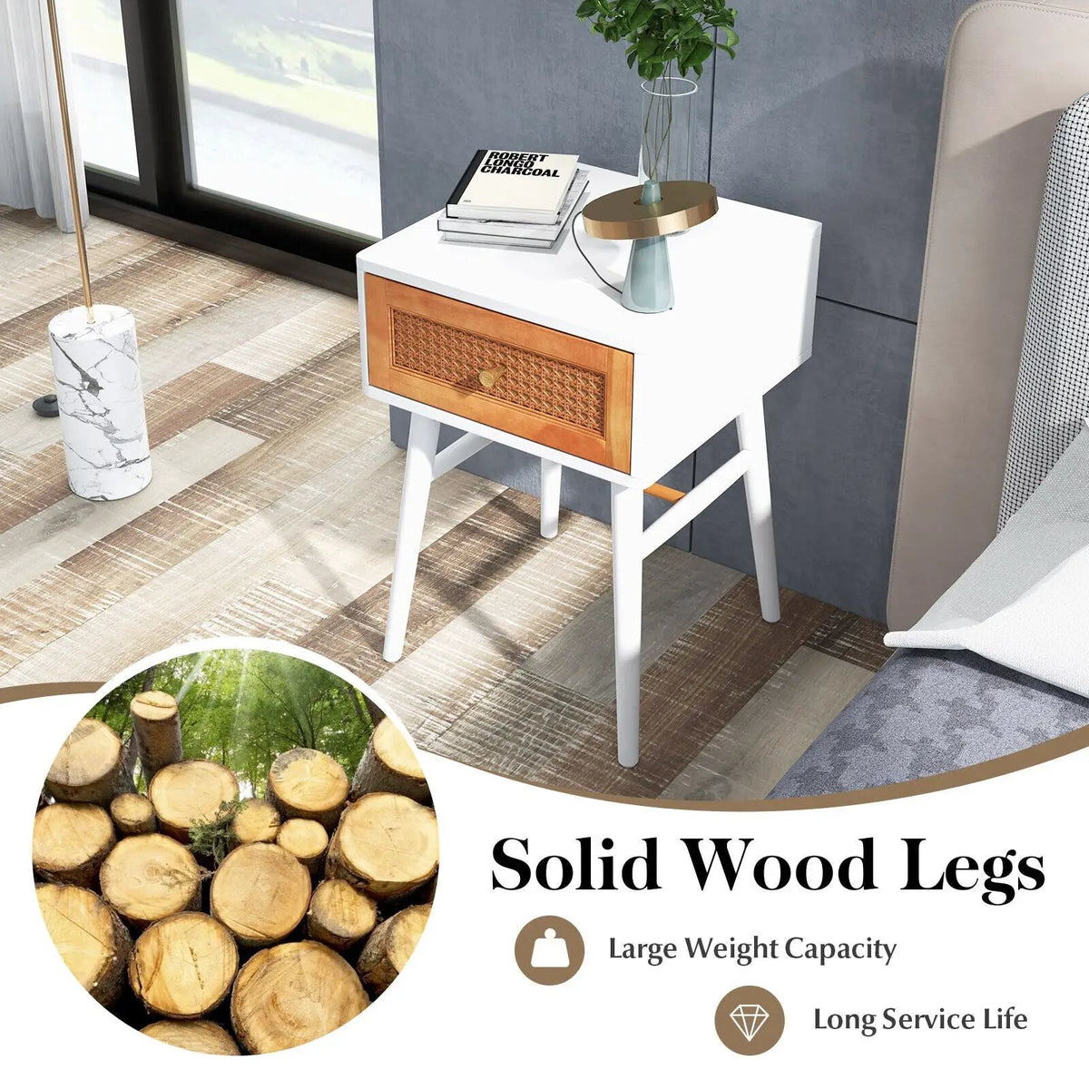 1-Drawer Modern Bedside Table with Solid Wood Legs, photo 7 of 9