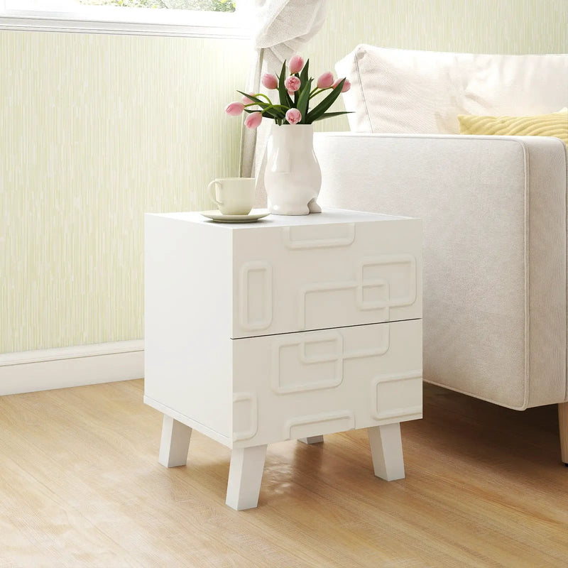 Modern Nightstand Side Table with Drawers and 3D Geometric Patterns-White by DirectDeals
