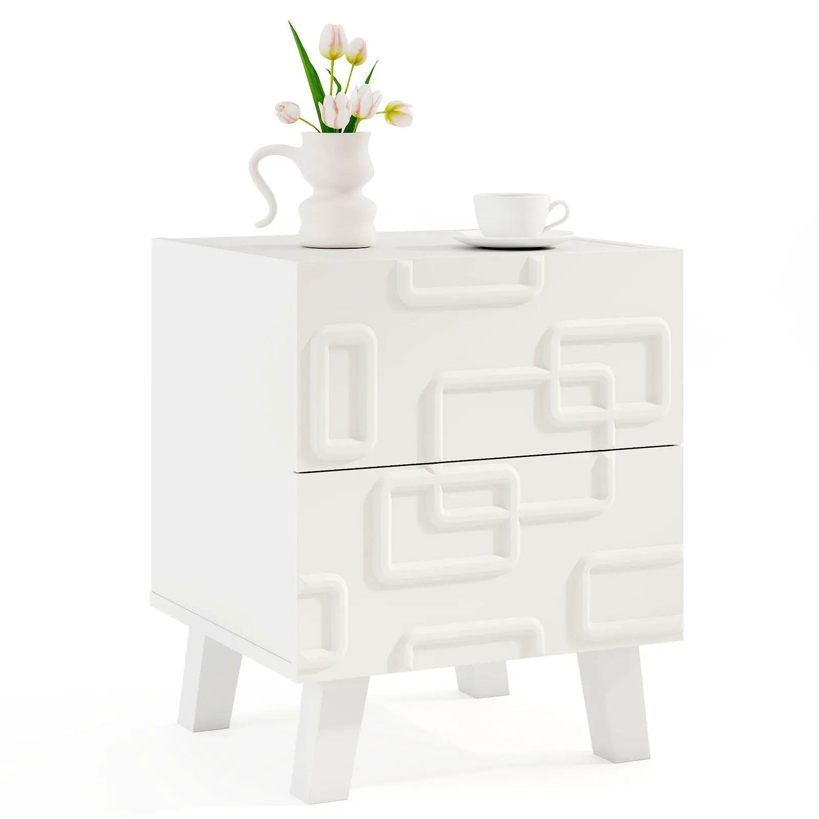 Modern Nightstand Side Table with Drawers and 3D Geometric Patterns-White by DirectDeals