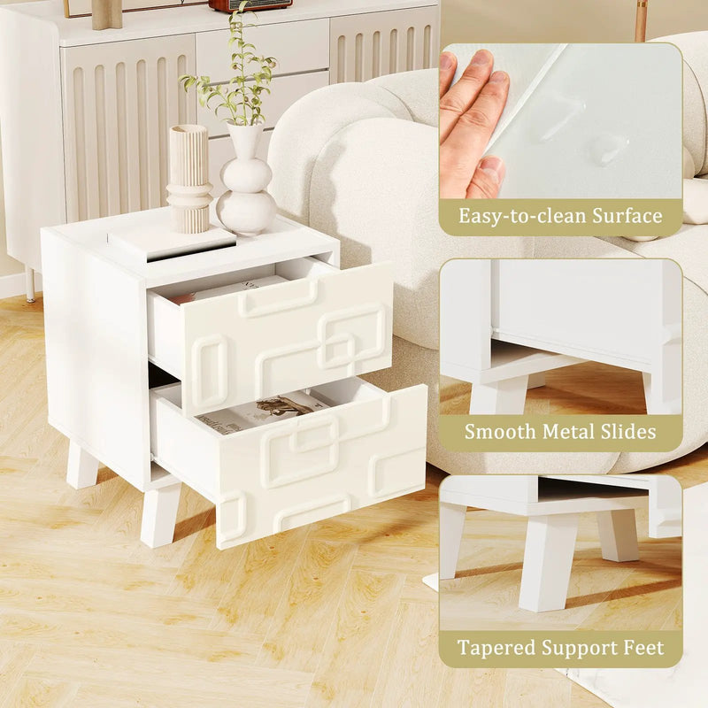 Modern Nightstand Side Table with Drawers and 3D Geometric Patterns-White by DirectDeals