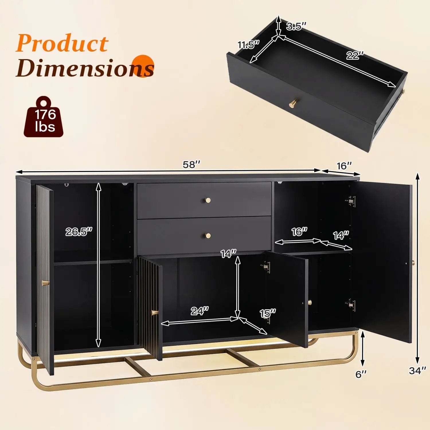 Modern Buffet Sideboard Cabinet with 2 Drawers & Adjustable Shelves by DirectDeals
