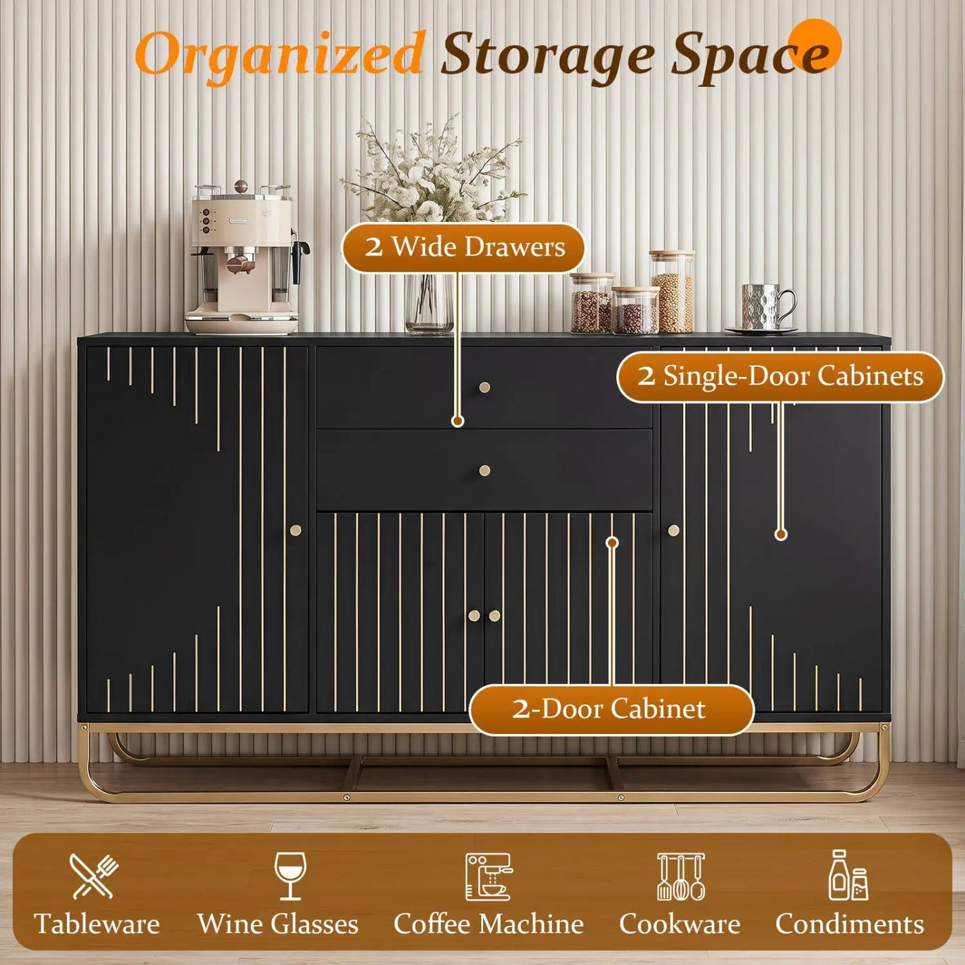 Modern Buffet Sideboard Cabinet with 2 Drawers & Adjustable Shelves by DirectDeals