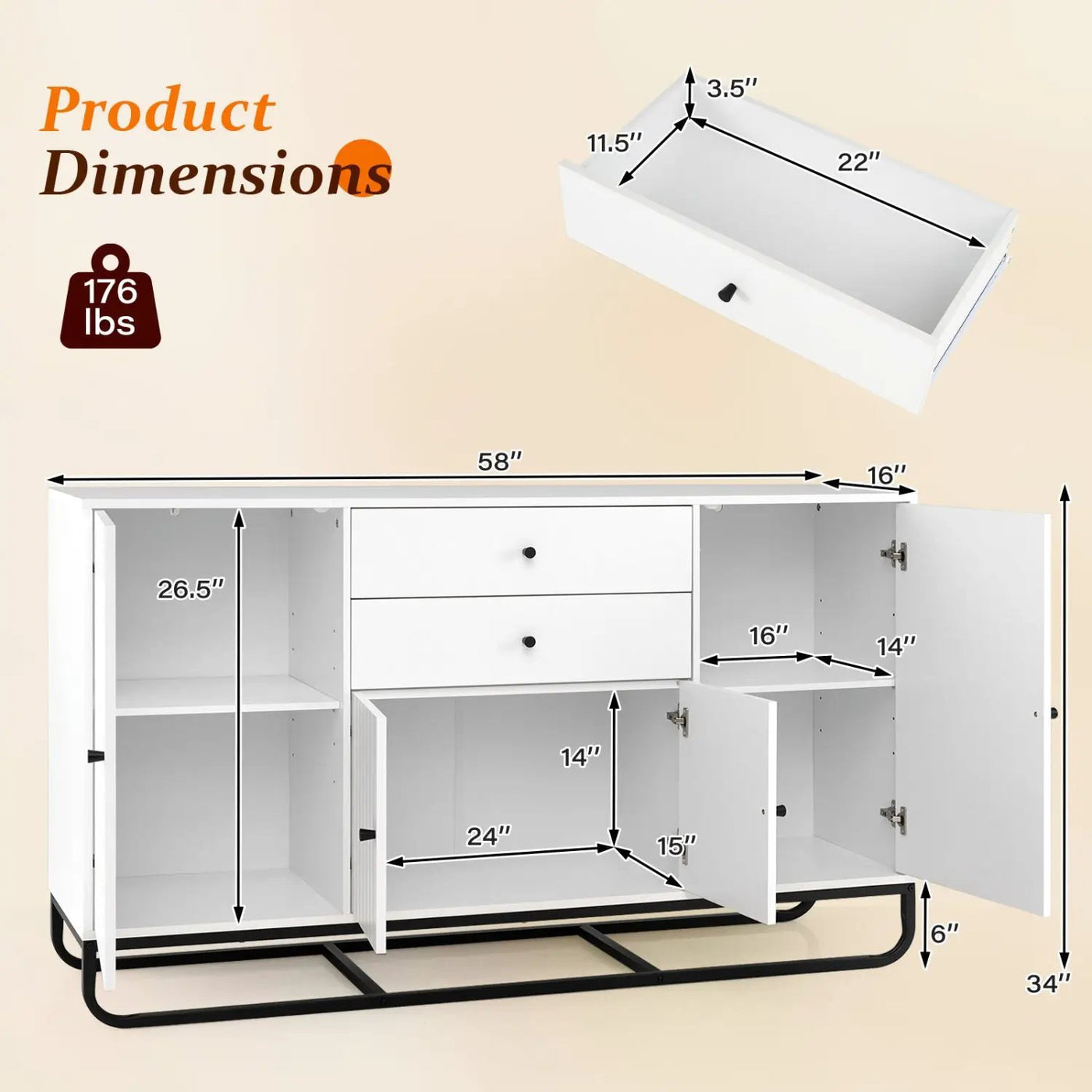 Modern Buffet Sideboard Cabinet with 2 Drawers & Adjustable Shelves by DirectDeals