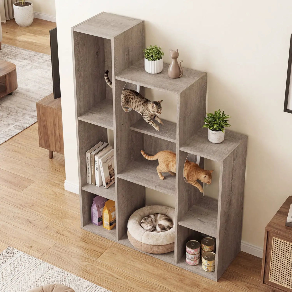 Modern Cat Bookshelf Cat Tree 8-Section Storage Cabinet with 2 Round Holes, photo 10 of 16