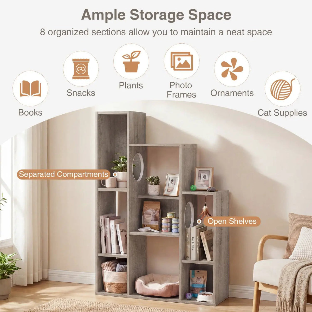 Modern Cat Bookshelf Cat Tree 8-Section Storage Cabinet with 2 Round Holes, photo 13 of 16