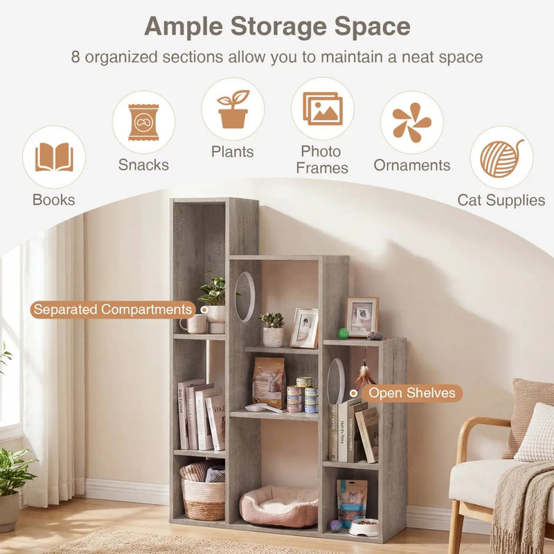 Modern Cat Bookshelf Cat Tree 8-Section Storage Cabinet with 2 Round Holes by DirectDeals