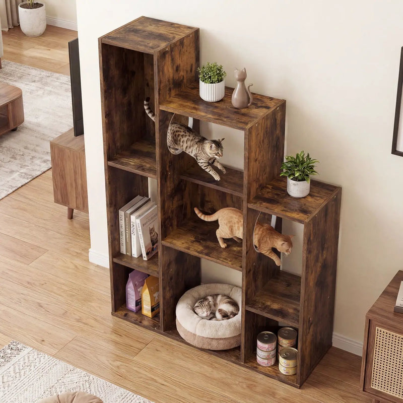 Modern Cat Bookshelf Cat Tree 8-Section Storage Cabinet with 2 Round Holes by DirectDeals