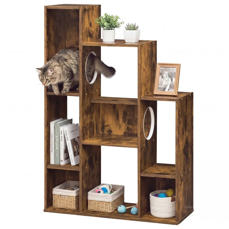 Modern Cat Bookshelf Cat Tree 8-Section Storage Cabinet with 2 Round Holes by DirectDeals