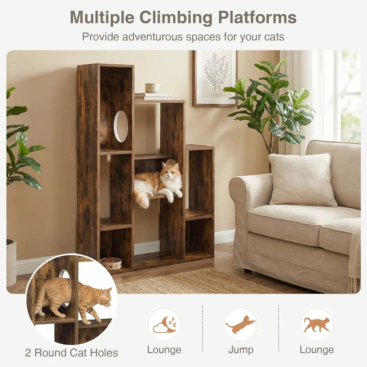 Modern Cat Bookshelf Cat Tree 8-Section Storage Cabinet with 2 Round Holes, photo 7 of 16