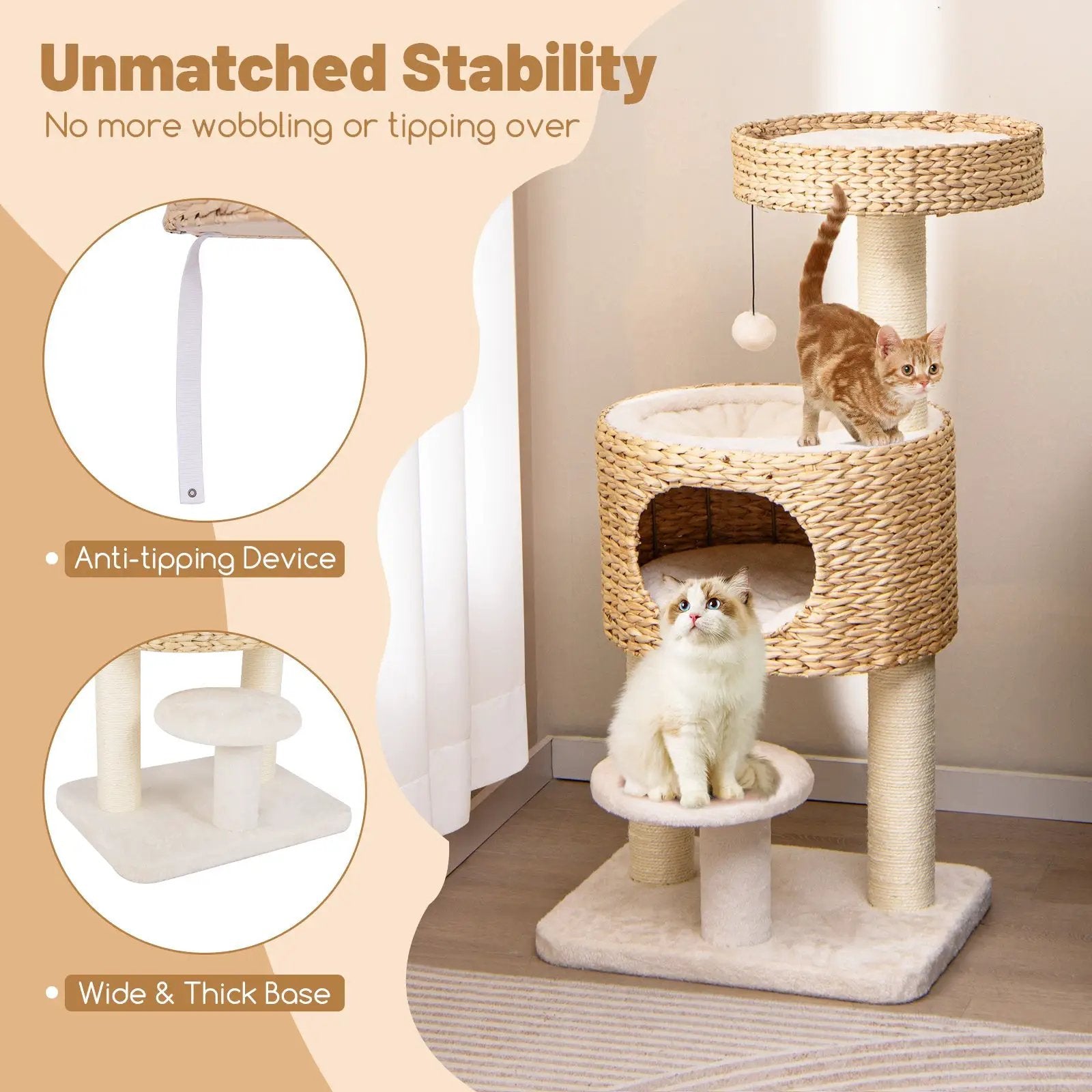 Modern Cat Tower Cat Tree with Top Perch Cattail Fluff Condo-Natural by DirectDeals