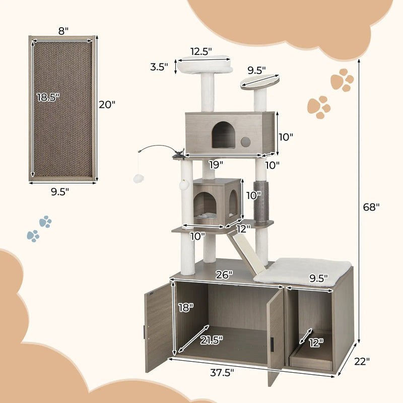 Cat Tree with Litter Box Enclosure for Indoor Cars-Gray by DirectDeals