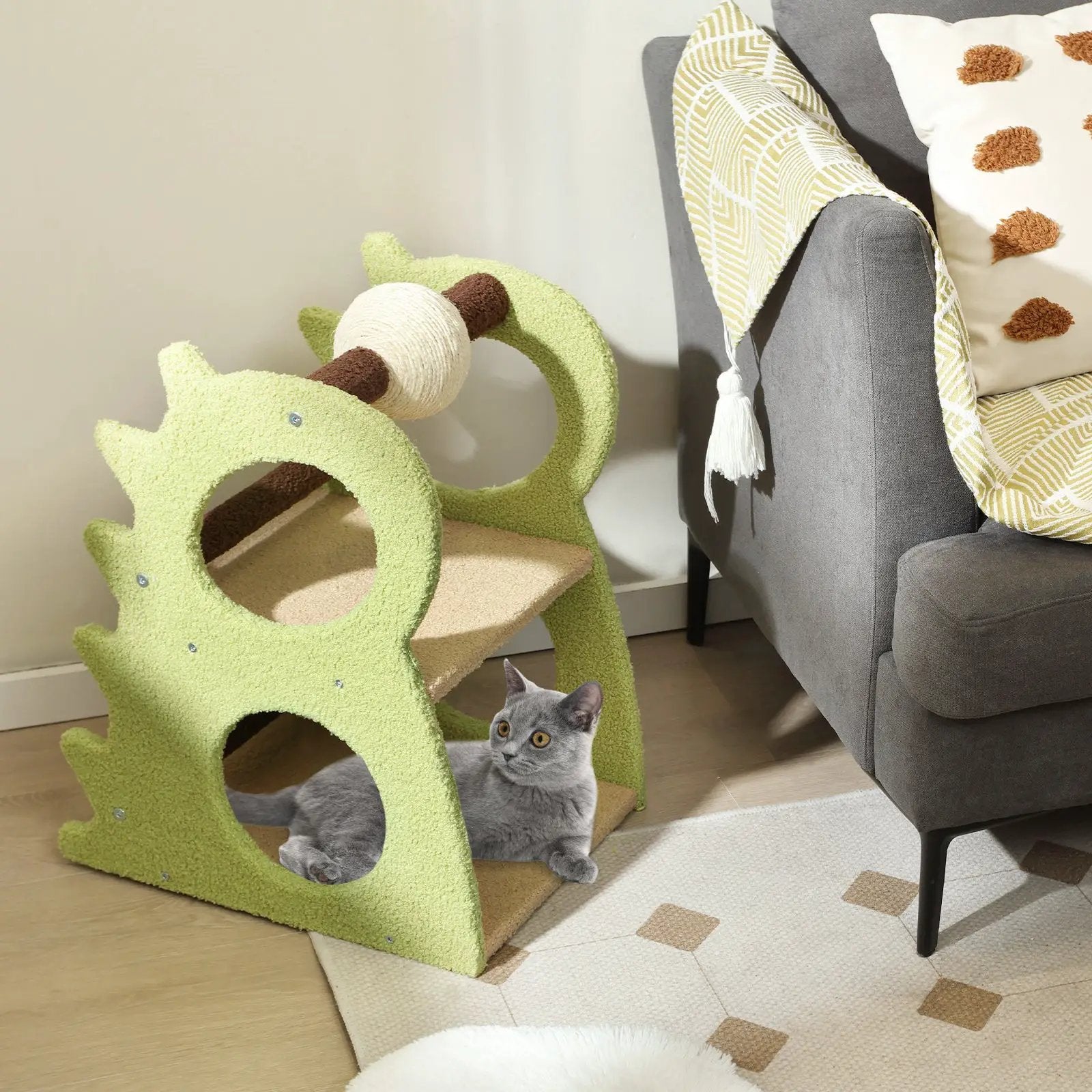 2-Tier Modern Cat Tree for Indoor Cats with Rotatable Sisal Scratching Ball-Green by DirectDeals