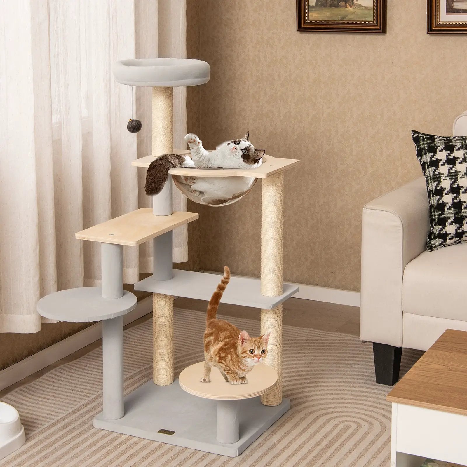 Modern Cat Tree 44 Inch Multi-level Cat Tower with Removable Padded Top Perch-Natural by DirectDeals
