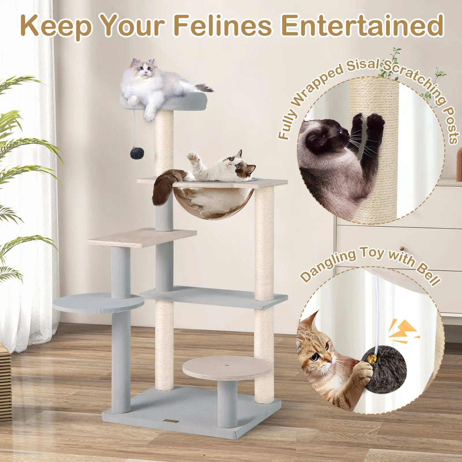 Modern Cat Tree 44 Inch Multi-level Cat Tower with Removable Padded Top Perch-Natural by DirectDeals