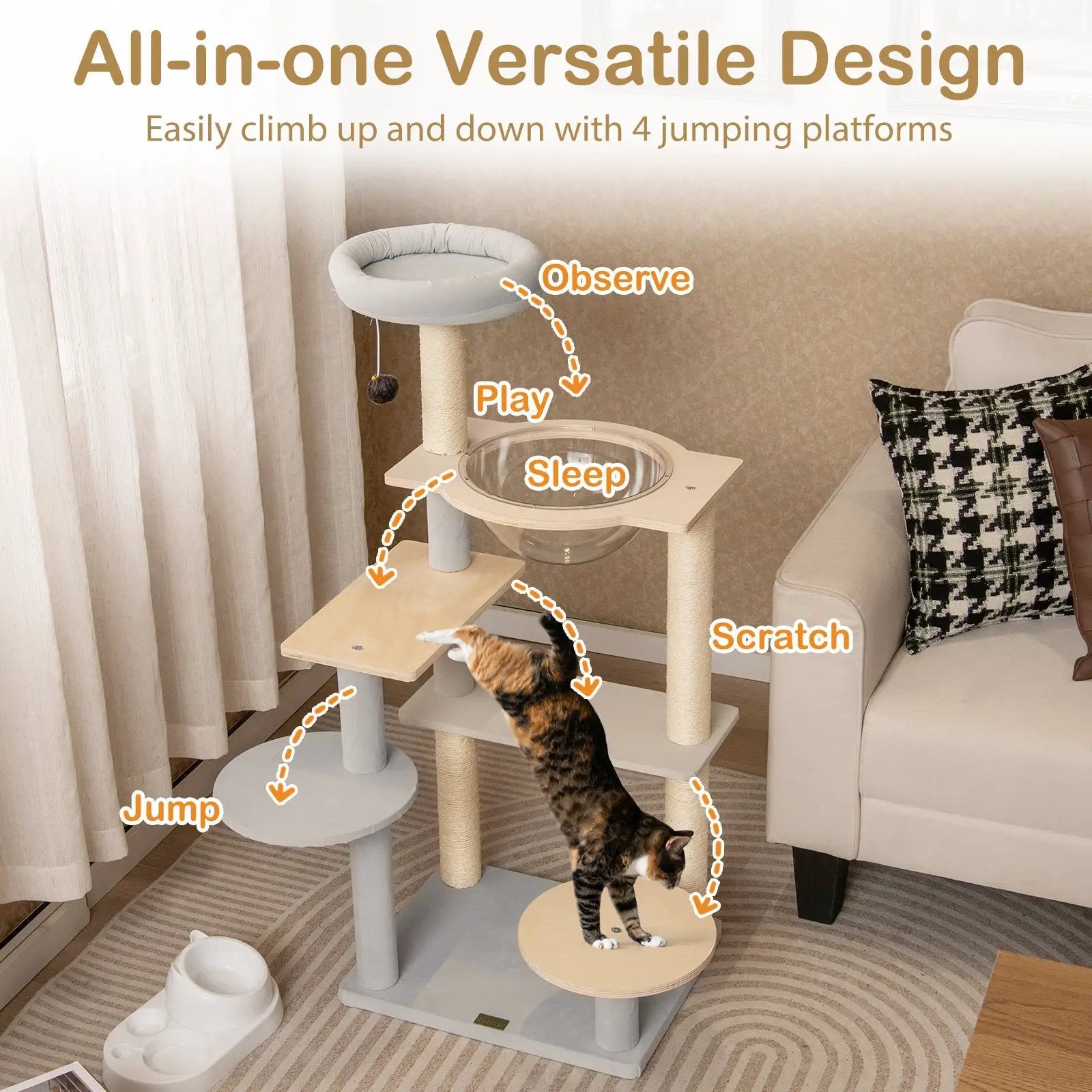 Modern Cat Tree 44 Inch Multi-level Cat Tower with Removable Padded Top Perch-Natural by DirectDeals