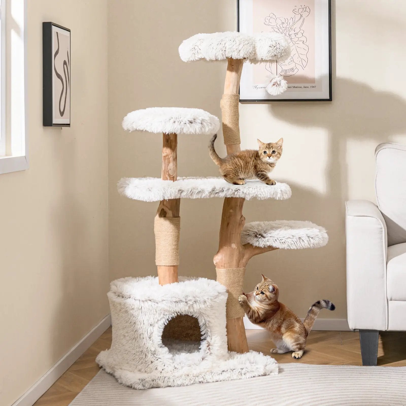 Modern Cat Tree 53 Inch Tall Natural Branch Wooden Cat Tower with Jute Scratching Posts-White by DirectDeals