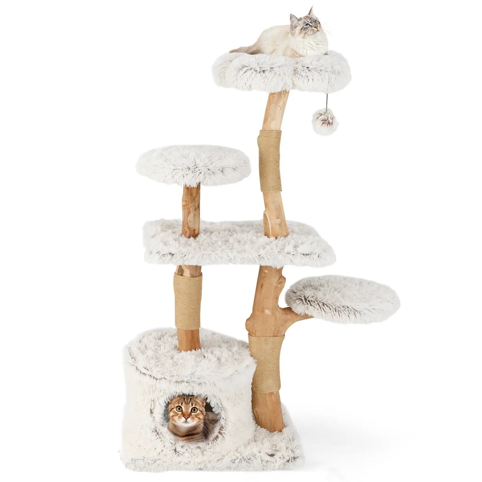 Modern Cat Tree 53 Inch Tall Natural Branch Wooden Cat Tower with Jute Scratching Posts-White by DirectDeals