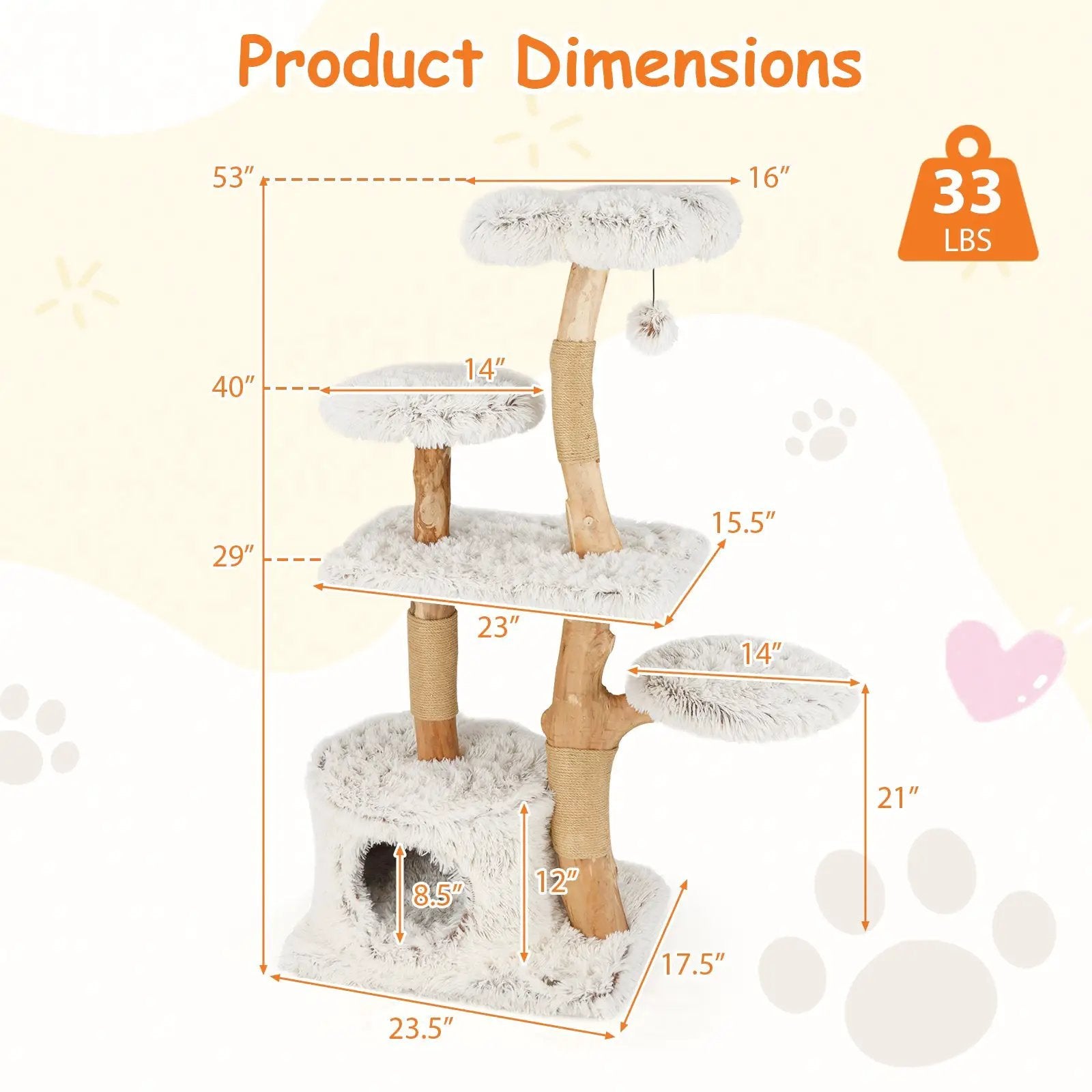 Modern Cat Tree 53 Inch Tall Natural Branch Wooden Cat Tower with Jute Scratching Posts-White by DirectDeals