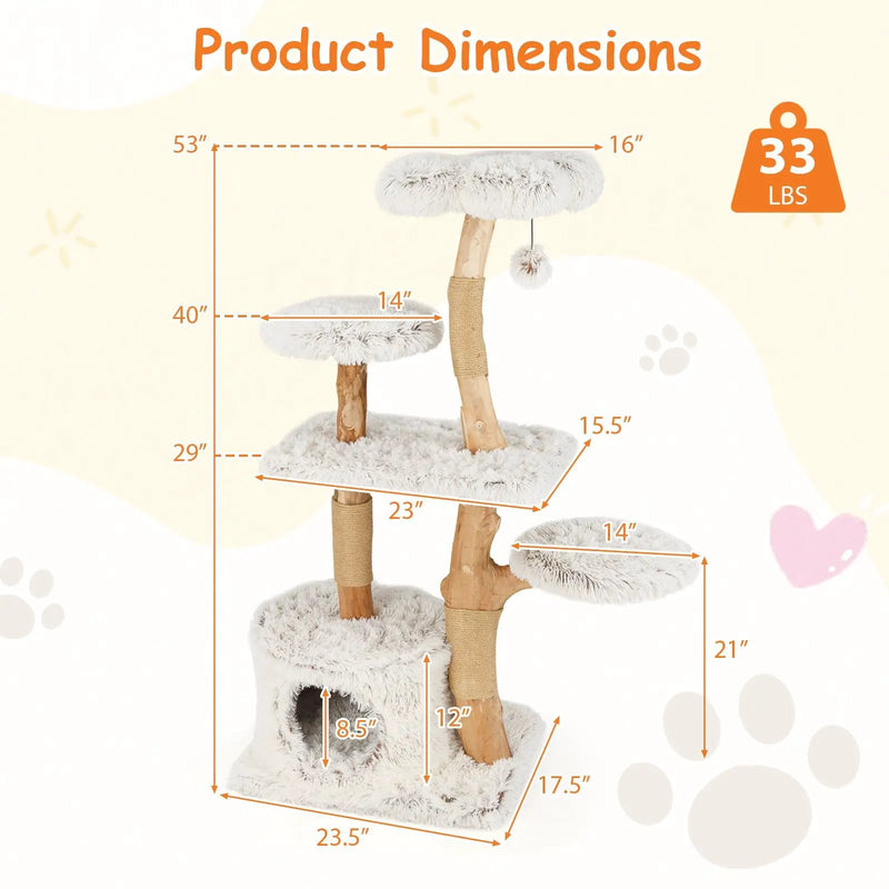 Modern Cat Tree 53 Inch Tall Natural Branch Wooden Cat Tower with Jute Scratching Posts-White by DirectDeals
